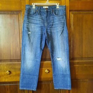 NWOT Madewell Straight Crop Medium Wash Distressed Denim Jeans F2816 Size 32